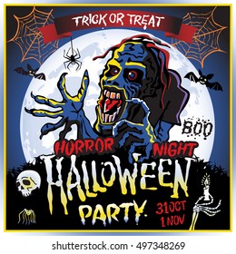 Zombie sneaks up on the background of a full moon, illustration on the theme of the halloween party. 31 october - 1 november. Horror night. trick or treat. skull, candle, spider, bats. Boo. web. art