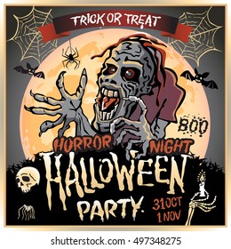 Zombie sneaks up on the background of a full moon, illustration on the theme of the halloween party. 31 october - 1 november. Horror night. trick or treat. skull, candle, spider, bats. Boo. web. art