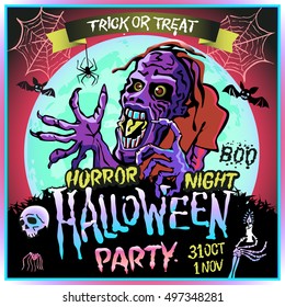 Zombie sneaks up on the background of a full moon, illustration on the theme of the halloween party. 31 october - 1 november. Horror night. trick or treat. skull, candle, spider, bats. Boo. web. art