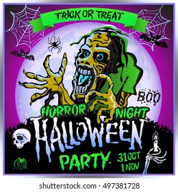 Zombie sneaks up on the background of a full moon, illustration on the theme of the halloween party. 31 october - 1 november. Horror night. trick or treat. skull, candle, spider, bats. Boo. web. art