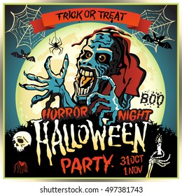Zombie sneaks up on the background of a full moon, illustration on the theme of the halloween party. 31 october - 1 november. Horror night. trick or treat. skull, candle, spider, bats. Boo. web. art