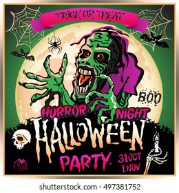 Zombie sneaks up on the background of a full moon, illustration on the theme of the halloween party. 31 october - 1 november. Horror night. trick or treat. skull, candle, spider, bats. Boo. web. art