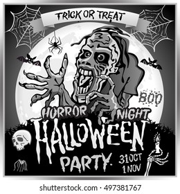 Zombie sneaks up on the background of a full moon, illustration on the theme of the halloween party. 31 october - 1 november. Horror night. trick or treat. skull, candle, spider, bats. Boo. web. art