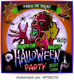 Zombie sneaks up on the background of a full moon, illustration on the theme of the halloween party. 31 october - 1 november. Horror night. trick or treat. skull, candle, spider, bats. Boo. web. art