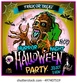 Zombie sneaks up on the background of a full moon, illustration for halloween party. 31 october