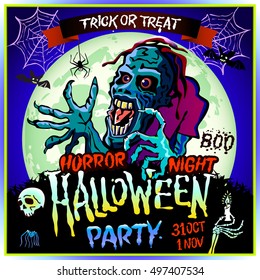 Zombie sneaks up on the background of a full moon, illustration on the theme of the halloween party. 31 october - 1 november. Horror night. trick or treat. skull, candle, spider, bats. Boo. web. art