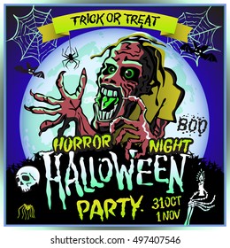 Zombie sneaks up on the background of a full moon, illustration for halloween party. 31 october