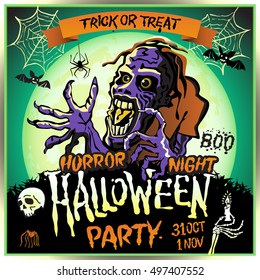 Zombie sneaks up on the background of a full moon, illustration for halloween party. 31 october