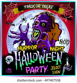 Zombie sneaks up on the background of a full moon, illustration for halloween party. 31 october