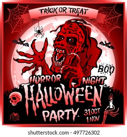 Zombie sneaks up on the background of a full moon, illustration on the theme of the halloween party. 31 october - 1 november. Horror night. trick or treat. skull, candle, spider, bats. Boo. web. red
