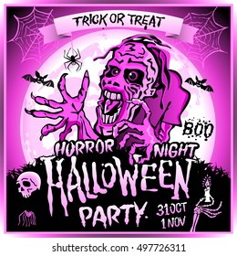 Zombie sneaks up on the background of a full moon, illustration on the theme of the halloween party. 31 october - 1 november. Horror night. trick or treat. skull, candle, spider, bats. Boo. web pink