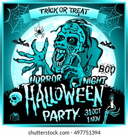 Zombie sneaks up on the background of a full moon, illustration on the theme of the halloween party. 31 october - 1 november. Horror night. trick or treat. skull, candle, spider, bats. Boo. web blue