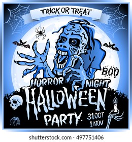 Zombie sneaks up on the background of a full moon, illustration on the theme of the halloween party. 31 october - 1 november. Horror night. trick or treat. skull, candle, spider, bats. Boo. web blue
