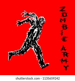 Zombie soldier runs with his hands up behind his back. Zombie army. The horror genre. Vector illustration.
