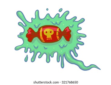 Zombie speech bubble made of green mucus asking for a treat. Candy sign with a skull on it. Halloween vector illustration