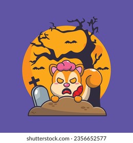 Zombie squirrel rise from graveyard in halloween day. Cute halloween cartoon illustration. 