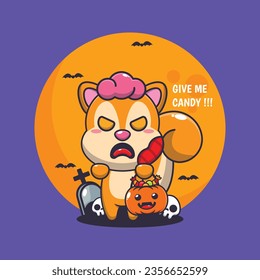 Zombie squirrel want candy. Cute halloween cartoon illustration. 