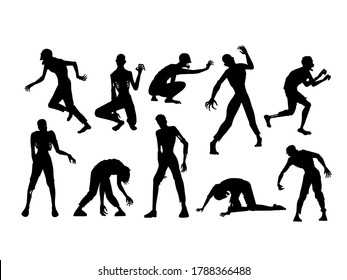 Zombie standing, run, walk, and other poses in Silhouette style collection. Full length of people resurrected from the dead isolated on white.