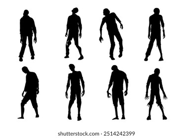 Zombie standing and walking actions in Silhouette style collection. People resurrected from the dead isolated on white.