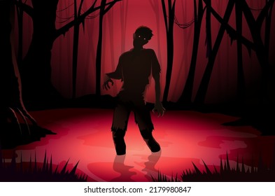 Zombie Standing In The Water Of The Red Horror Swamp. Horror Forest With Swamp, Silhouette Background.