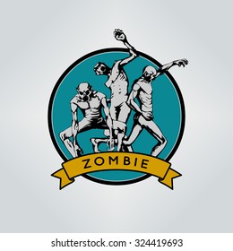 Zombie sticker, composition sign, icon, logo element, label. Vector illustration of zombies in different poses with ribbon for custom text. Isolated.