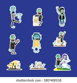 Zombie sticker. Cute creepy undead monster character, funny spooky groom and bread creature and hand reaching from graveyard ground illustration. Vector halloween zombie sticker isolated set