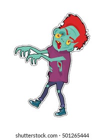 Zombie sticker with patch fashion pins character walking with stretched hands isolated on white. Halloween undead creature in flat style. Science fiction cartoon illustration. Horror fantasy. Vector