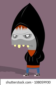 zombie in a striped T-shirt and black jacket with hood stay on purple background