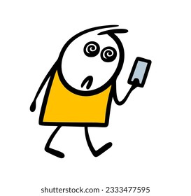 Zombie teenager walks down the street with a phone. Vector illustration of a hypnotized stickman with a smartphone in social networks. Funny comics person action isolated on white background.