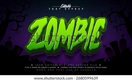 Zombie Text Effect Illustration Editable Graphic Style with Scary Green Typography Lettering on Scary Cemetery Halloween Background. Scalable Vector Autumn Holiday Design Template for Greeting Card