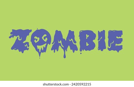 Zombie text with splashes and dripping melting letters logo design in green and purple colors