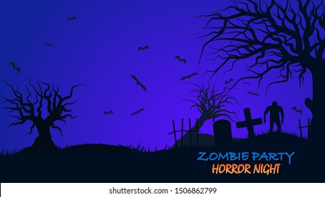 Zombie tree grave. Colored poster in a dark blue style for Halloween party