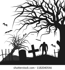 Zombie tree grave. Poster in a dark style for Halloween party