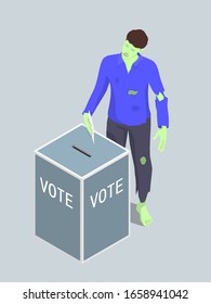 Zombie is trying to vote. The dead man putting paper in the ballot box.