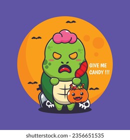 Zombie turtle want candy. Cute halloween cartoon illustration. 