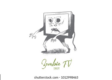 Zombie TV concept. Hand drawn media zombie person with tv set instead of head. Man with television head isolated vector illustration.