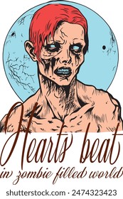 Zombie bajo la luna se enamoran de halloween (latidos de corazones en el mundo lleno de zombies) divertido arte de dibujos animados para la Impresión a la carta (diseño de la camiseta).