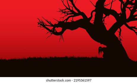 Zombie under tree, Halloween concept silhouette horror background illustration vector.