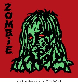 Zombie vampire female. Green face of a demon woman. Vector illustration. Scary head character. The horror genre. Red background.
