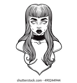 Zombie or vampire Girl Line Art. Hand drawn vector illustration. Black line on white background. Cartoon style. Could be used as design for coloring book or as part of Halloween decor.
