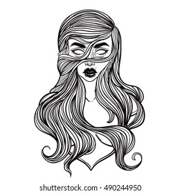 Zombie or vampire Girl Line Art. Hand drawn vector illustration. Black line on white background. Cartoon style. Could be used as design for coloring book or as part of Halloween decor.