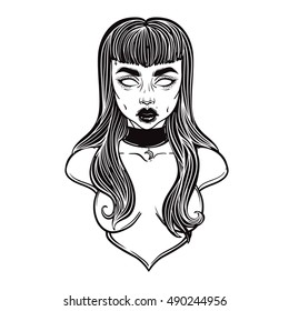 Zombie or vampire Girl Line Art. Hand drawn vector illustration. Black line on white background. Cartoon style. Could be used as design for coloring book or as part of Halloween decor.
