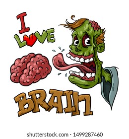 Zombie vector illustration speak I love brain. Colorful art t-shirt and sticker and tattoo illustration. Halloween holidays illustration