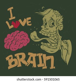 Zombie vector illustration speak I love brain green background illustration.T-shirt art illustration. Poster vector design. Sticker design