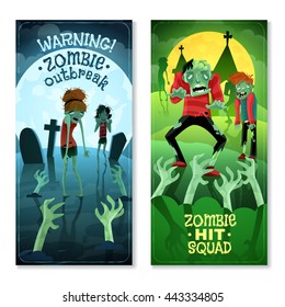 Zombie vertical cartoon banners set with zombie squad symbols isolated vector illustration 