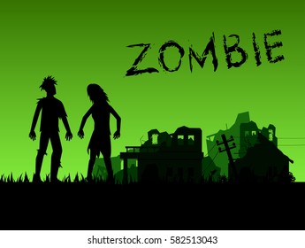 Zombie walking to abandoned town, silhouette vector.