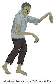 Zombie wandelnde Tote Mann verwöhnte Doodle. Halloween Vektorgrafik im Cartoon-Stil. Gruselige Monster-Clipkunst einzeln auf weißem Hintergrund.