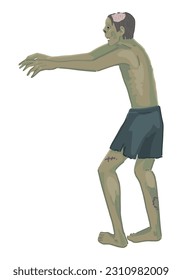 Un hombre muerto que camina zombi con espeluznantes garabatos. Ilustración vectorial de Halloween al estilo de las caricaturas. Aterrador arte de un clip monstruo aislado en fondo blanco.