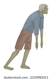 Zombie wandelnde Tote Mann verwöhnte Doodle. Halloween Vektorgrafik im Cartoon-Stil. Gruselige Monster-Clipkunst einzeln auf weißem Hintergrund.