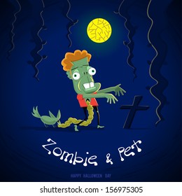 zombie walking to he moon in dark background at halloween day